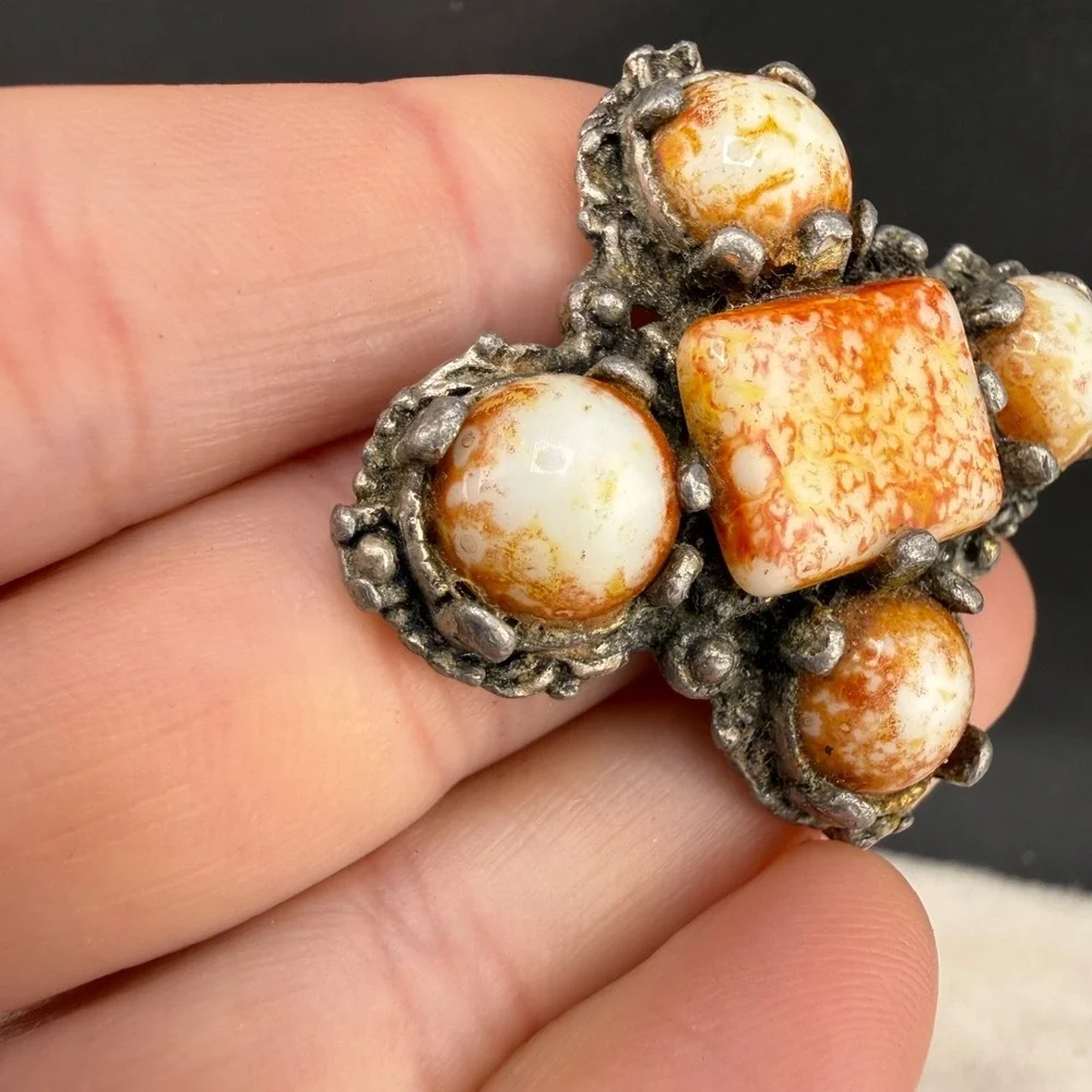 Vintage Polished Stone Celtic Brooch Silver Tone Western
